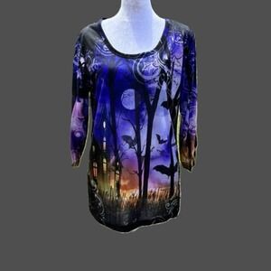 Celebrate Halloween Haunted House Bat Graphic Tunic Top Purple Black Medium 8-10